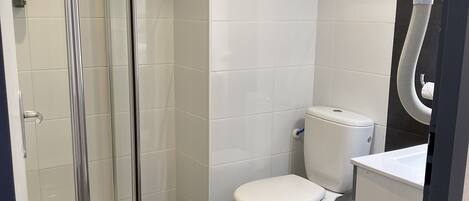 Un baño moderno con ducha de vidrio, inodoro blanco y lavamanos con espejo.