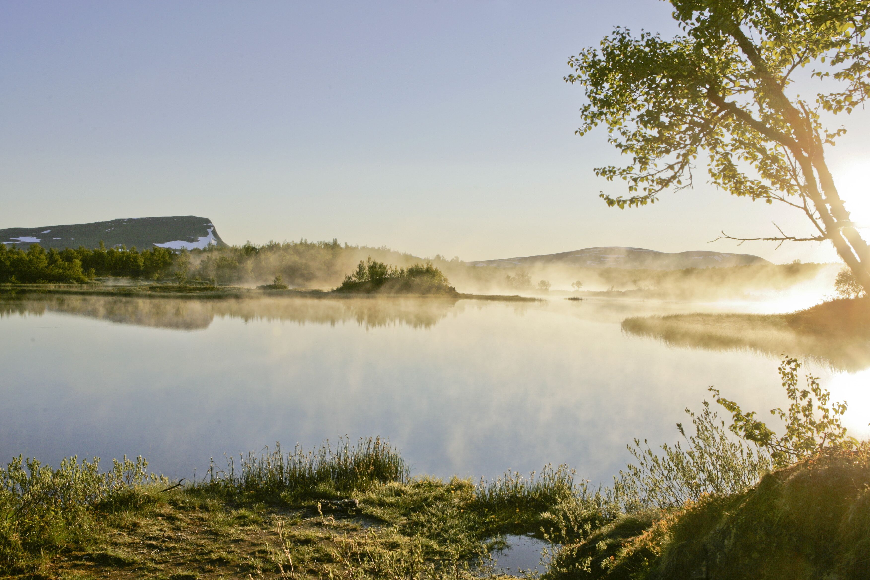 A calm lake with a clear reflection, surrounded by grassy areas and trees.