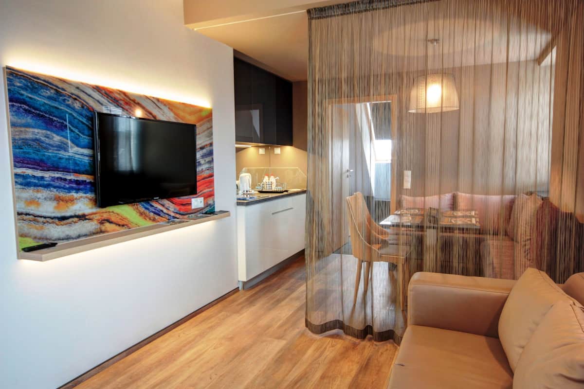 A modern living room with a flat-screen TV mounted on a colorful wall, a dining area with a table and chairs, and a sofa.
