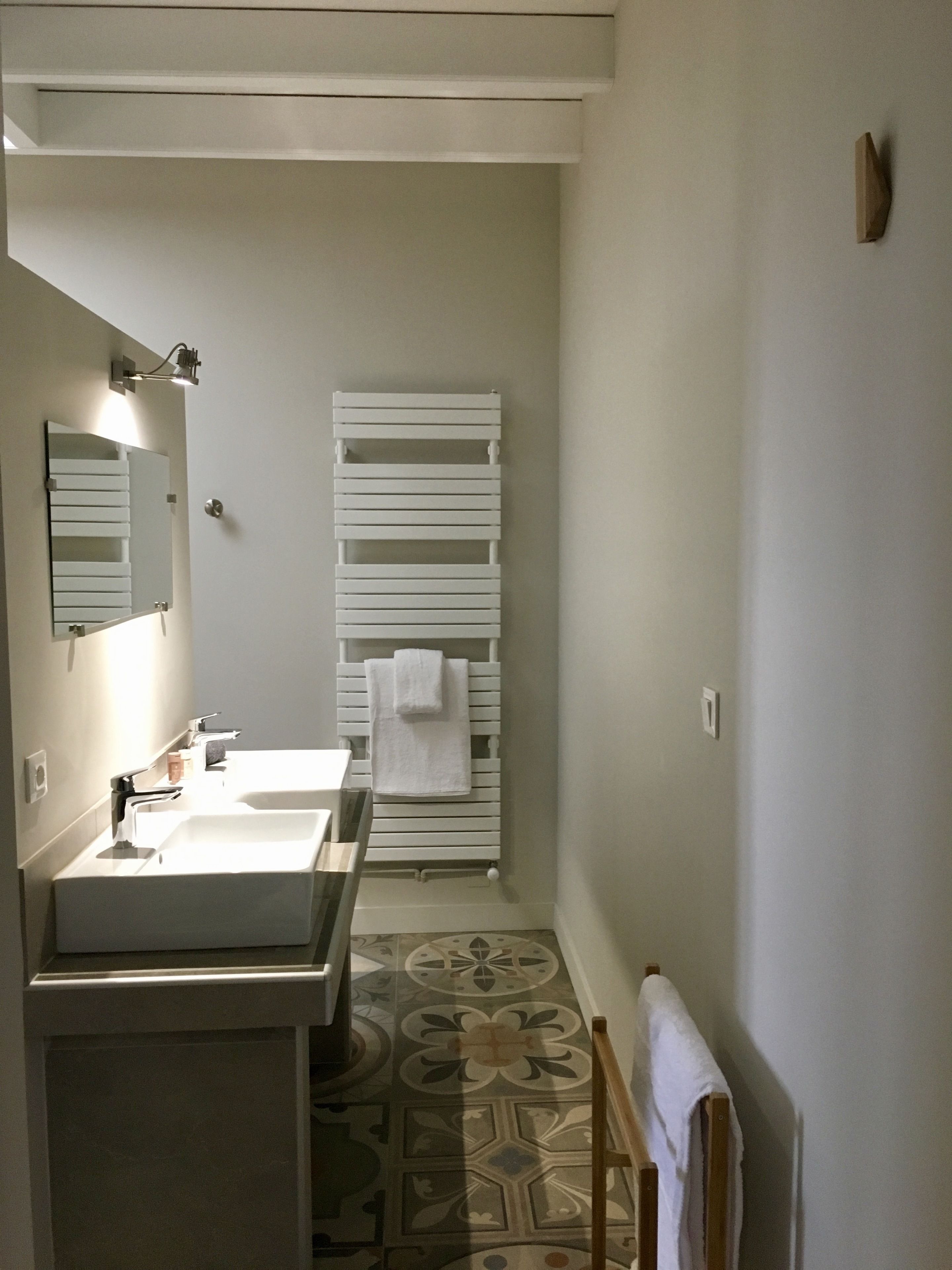 A narrow bathroom with two sinks, a mirror, and a towel rack.