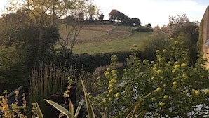 A garden with a variety of plants and a field in the background. - Clos 1906 (Saint-Émilion)