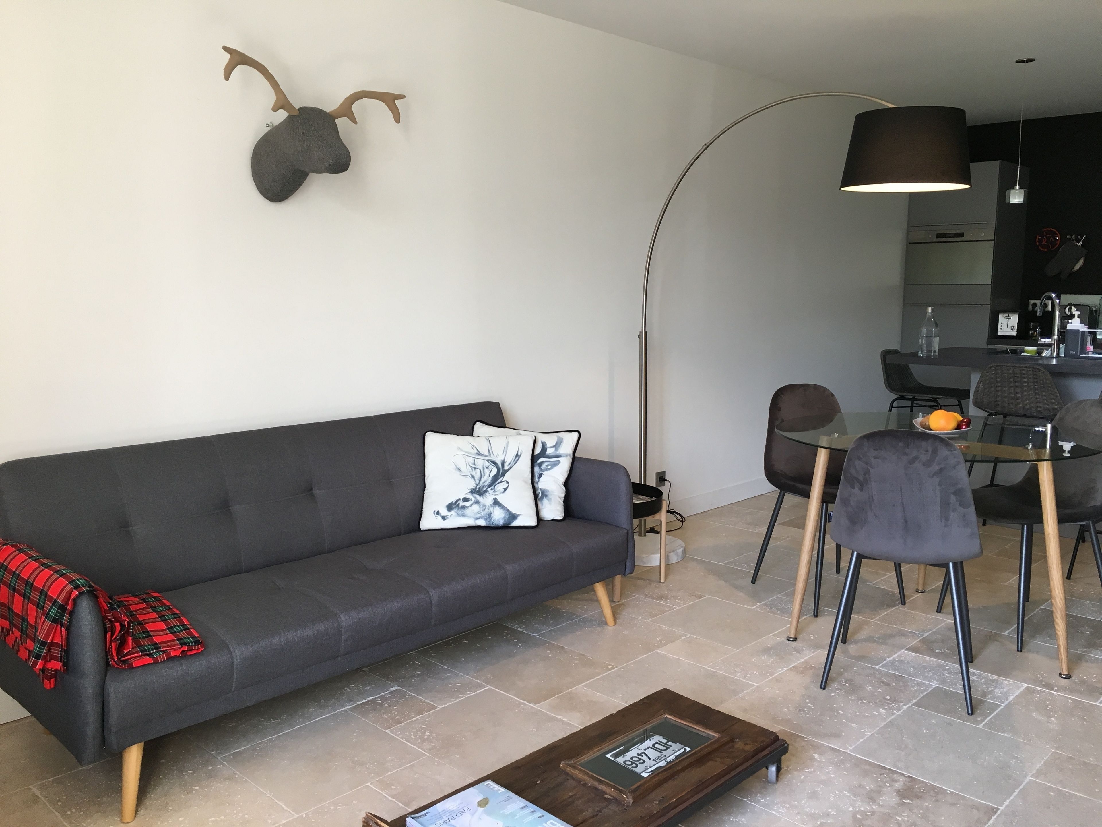 Un salon moderne avec un canapé gris foncé, deux bois de cerf décoratifs accrochés au mur, un lampadaire et un coin repas comprenant une table et des chaises en verre.