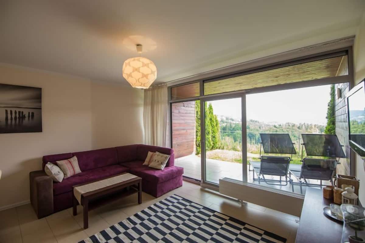 Un salon moderne avec un canapé violet, une table basse en bois et un tapis à carreaux. Une grande fenêtre offre une vue sur la verdure, et un balcon avec des chaises est également présent.