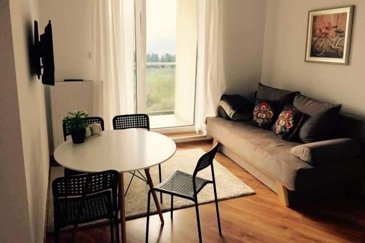 Une petite pièce bien éclairée, avec une table de salle à manger ronde, deux chaises, un canapé agrémenté de coussins décoratifs et un tableau accroché au mur.