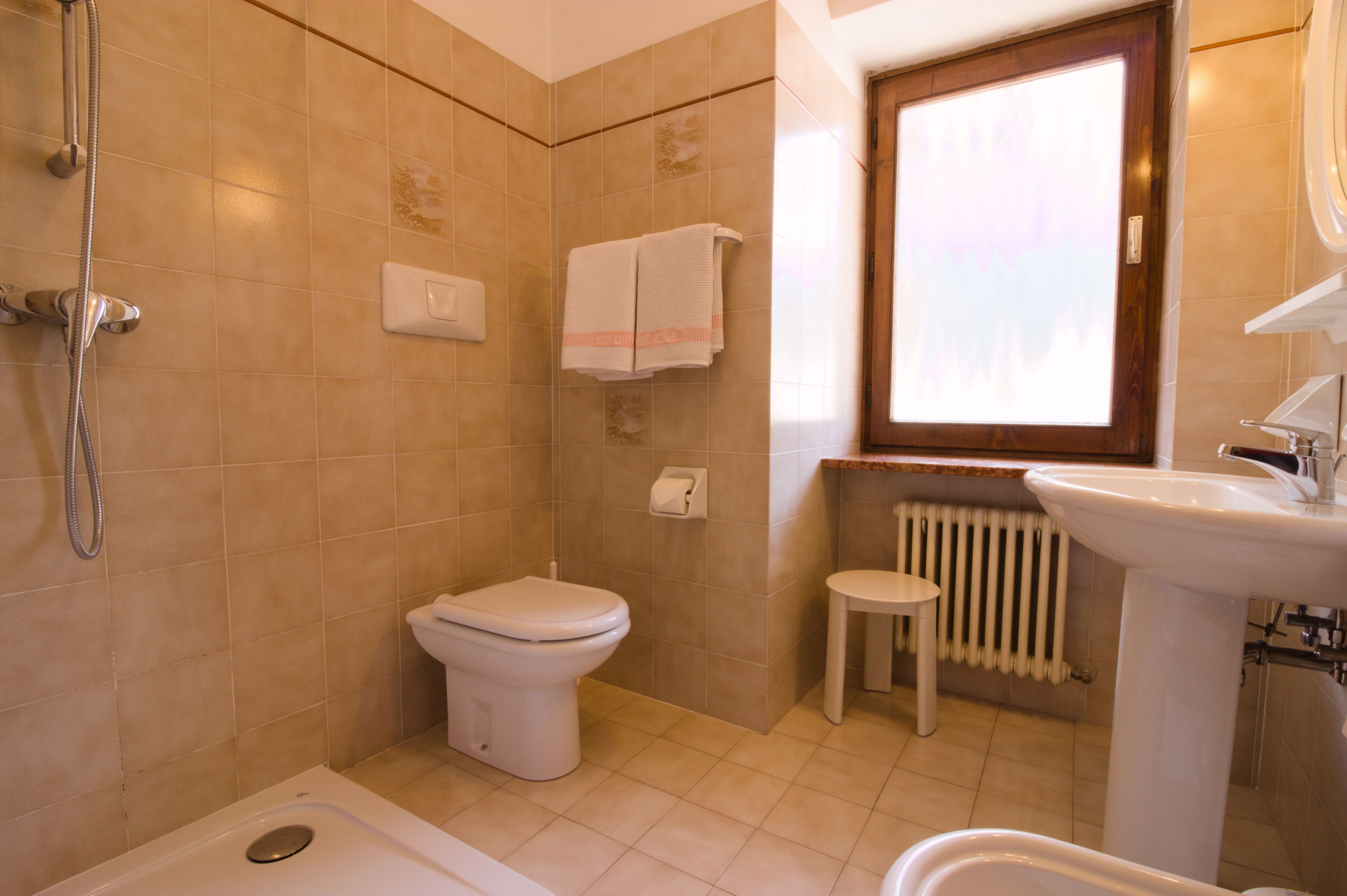 A bathroom with a toilet, a sink, a shower, and a window.