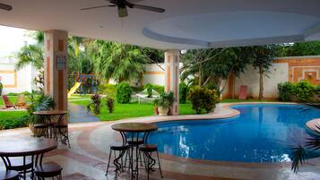 Indoor pool, outdoor pool, sun loungers