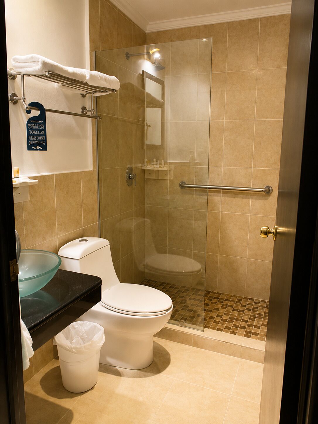 A bathroom with a glass-enclosed shower, a toilet, a glass bowl sink, and a towel rack.