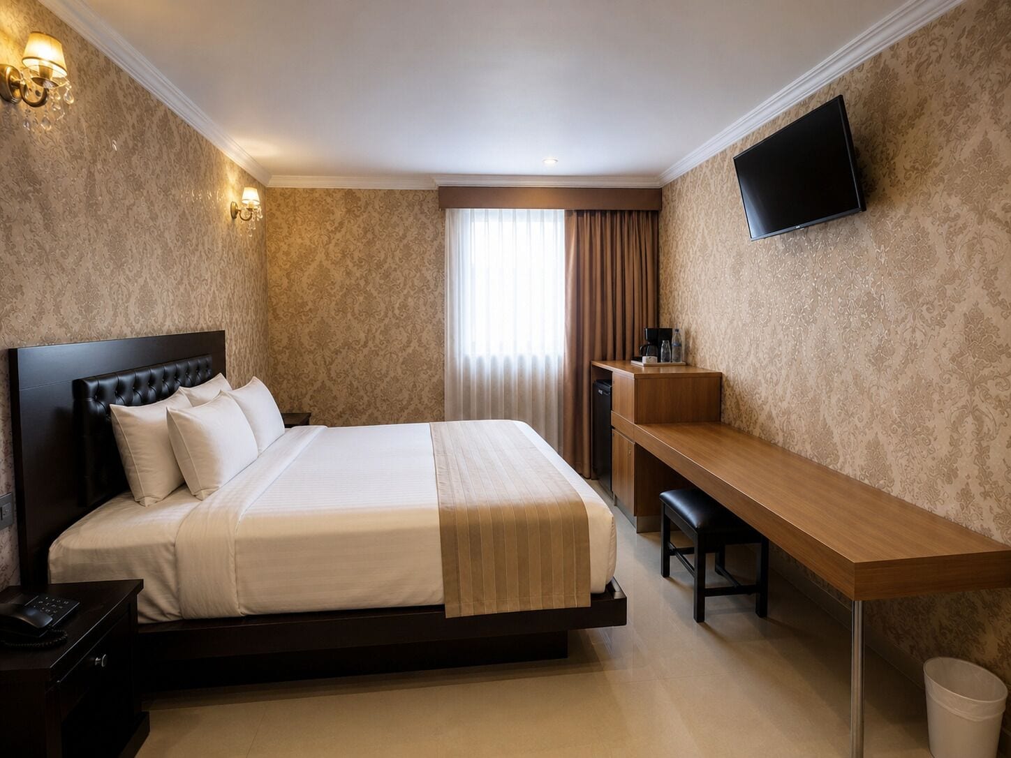 A hotel room with a bed, desk, and TV.