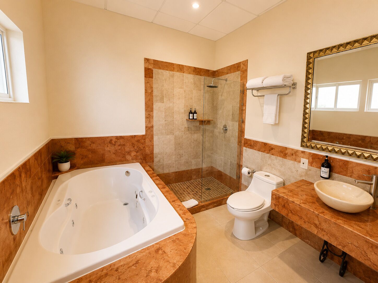 A bathroom with a bathtub, toilet, sink, and a glass-enclosed shower.