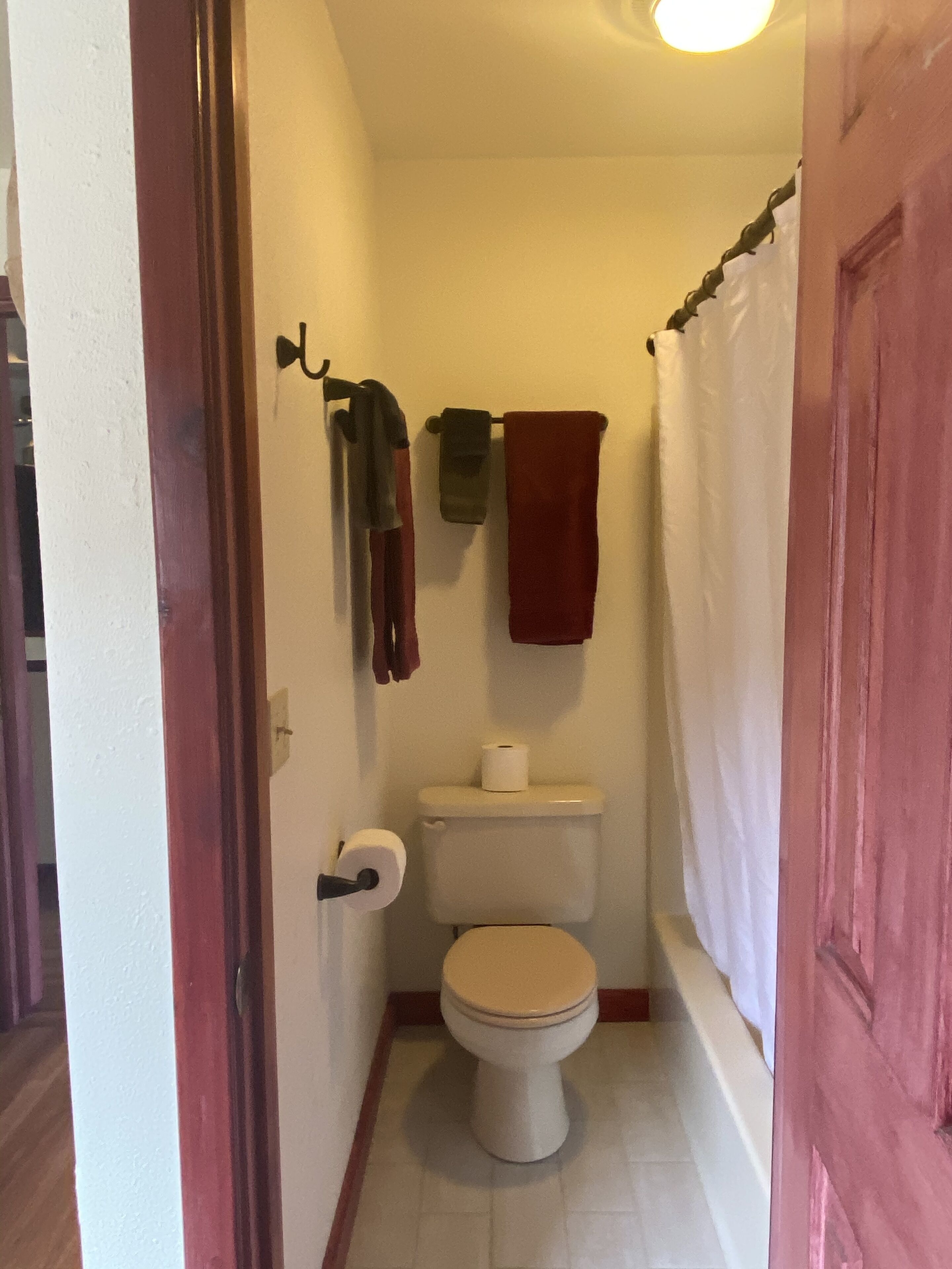 Un baño pequeño con inodoro, toallero y cortina de ducha.
