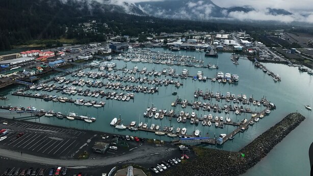 A marina with numerous boats docked, surrounded by mountains and a town.