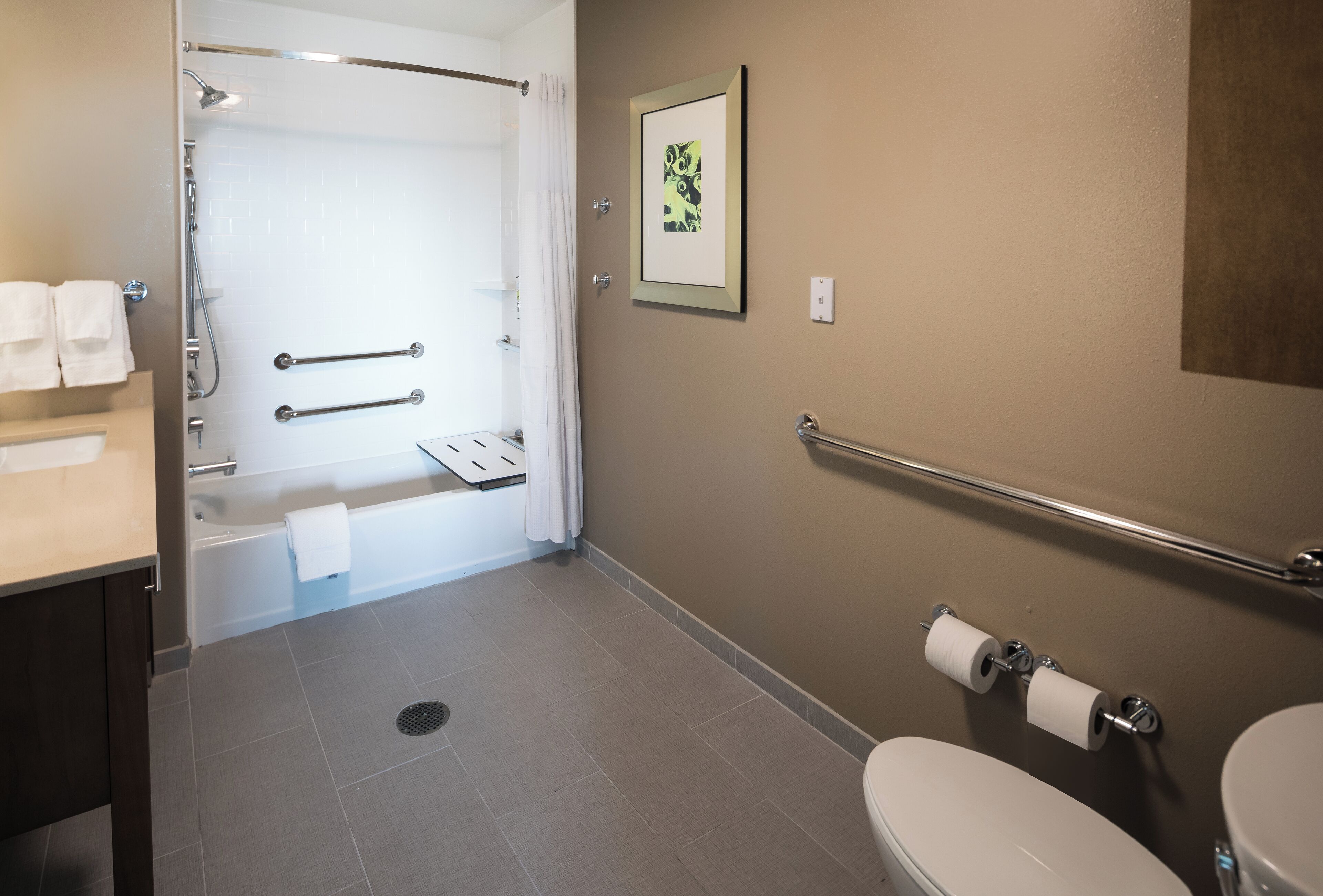 Un baño con ducha, inodoro y lavabo.
