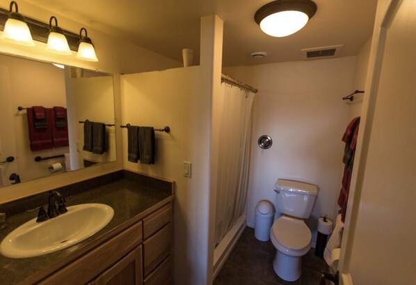 Un baño con lavamanos, espejo y dos inodoros.