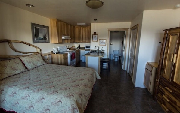 Un dormitorio con una cama grande, una kitchenette y un baño.