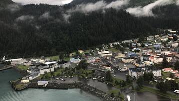 A coastal town with a marina, buildings, and a forested mountain backdrop.