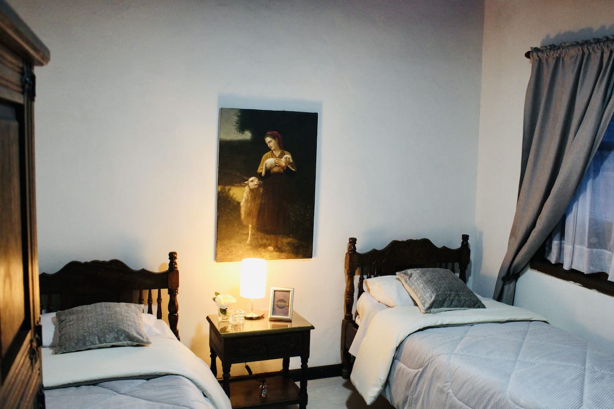 A bedroom with two single beds, a nightstand with a lamp, a framed picture on the wall, and a window with curtains.