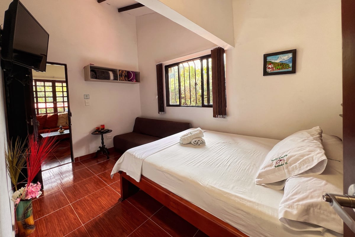 Un dormitorio con cama, sofá, televisión, ventana con cortinas y un cuadro en la pared.