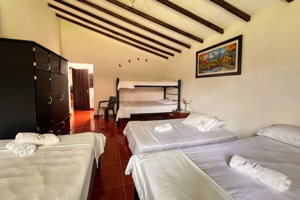 Una habitación de hotel con literas, un armario y un cuadro en la pared.