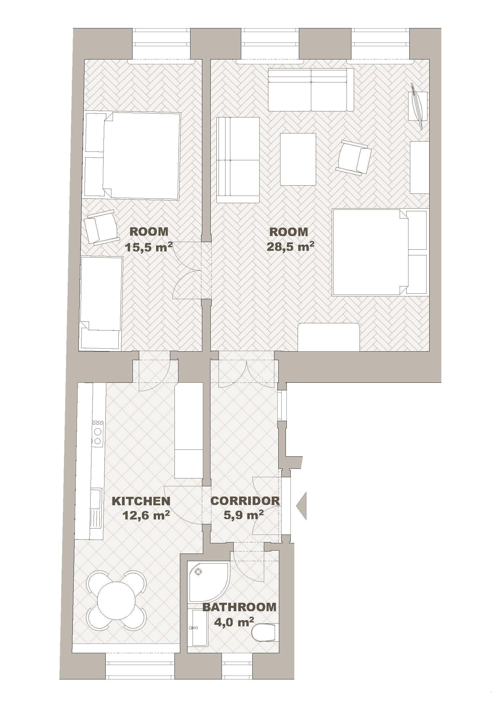 Planta baixa com dois quartos (15,5 m² e 28,5 m²), cozinha (12,6 m²), corredor (5,9 m²) e banheiro (4,0 m²).