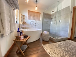 Bathtub, hair dryer, bidet, towels