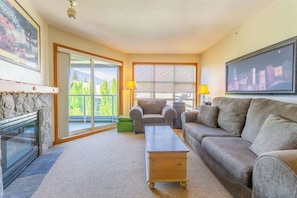 Televisión, chimenea, reproductor de DVD