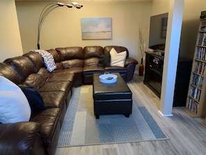 Smart TV, fireplace, DVD player, books
