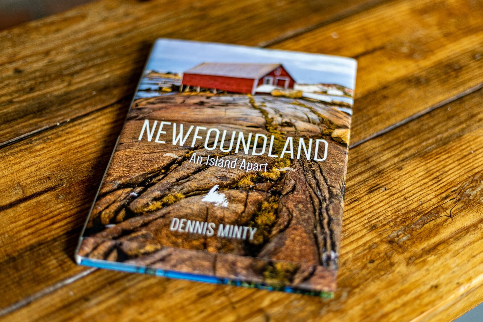 A book titled "Newfoundland: An Island Apart" by Dennis Minty on a wooden surface.