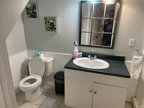 Combined shower/tub, hair dryer, towels, soap