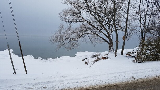 A snowy landscape with a bench and trees. - Simcoe Georgina Family Cottage Winter-Summer Rent 1hr from Toronto (Willow Beach)