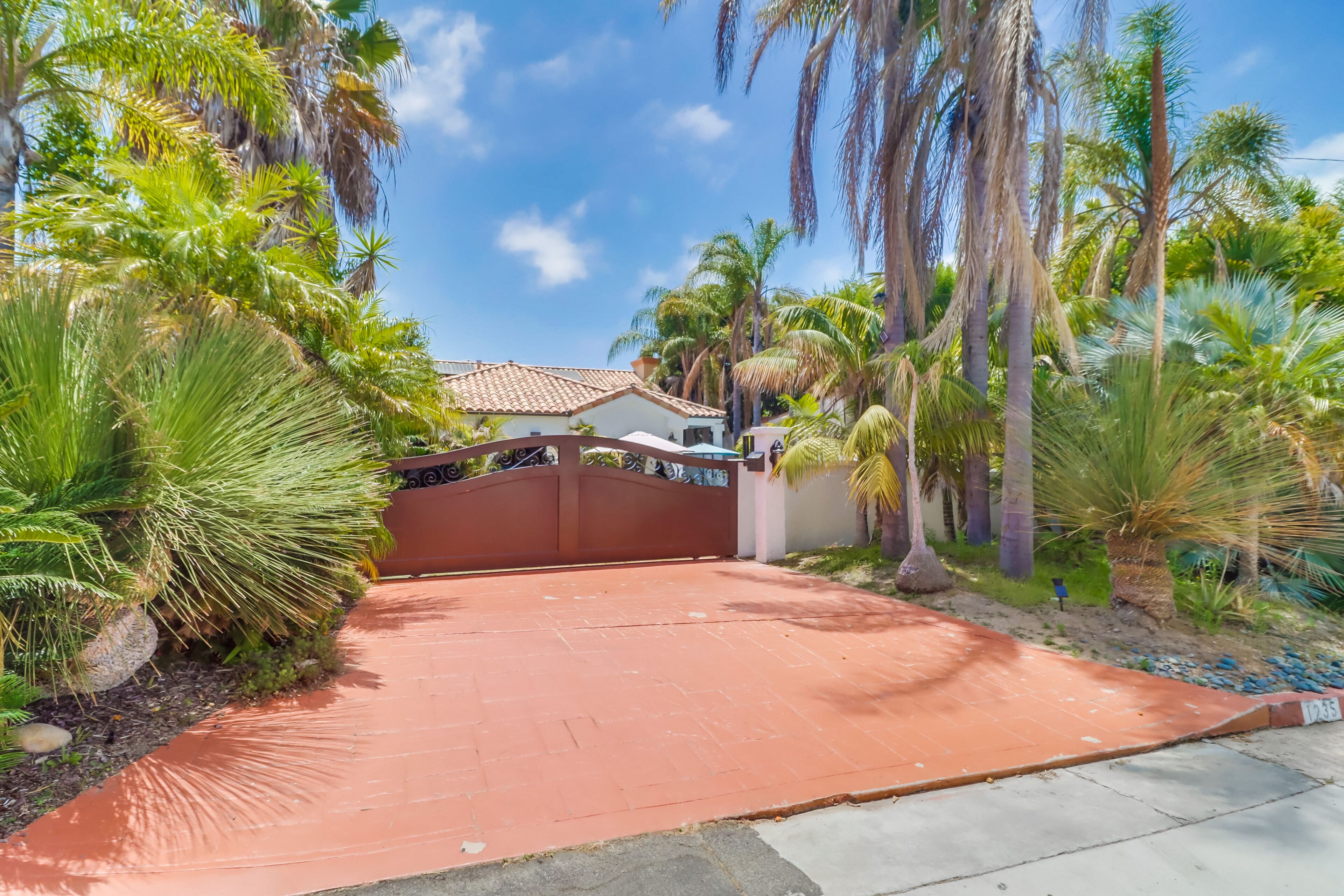 A gated entrance with a red pathway leading to a house surrounded by palm trees and greenery.