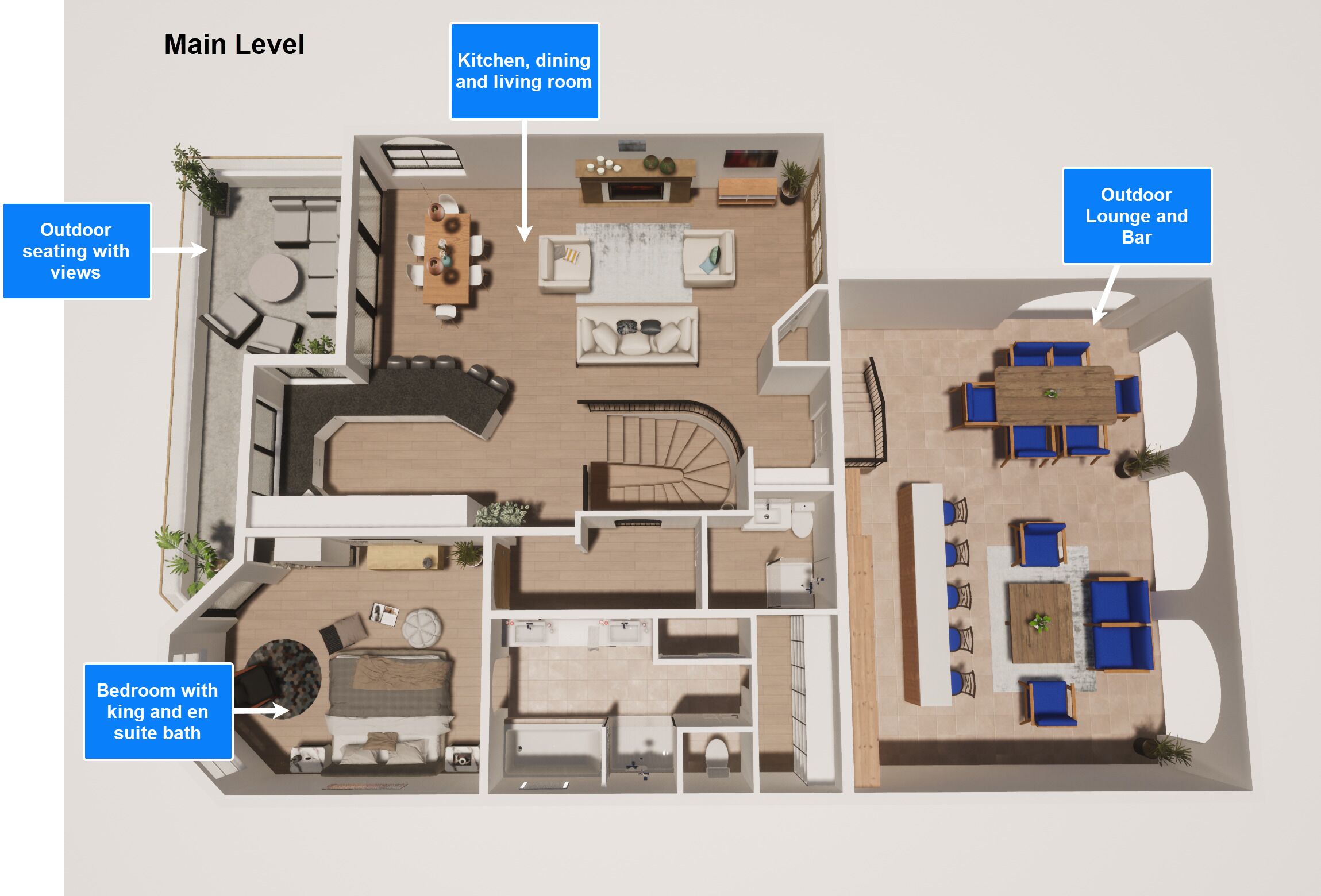 A floor plan of a hotel with a main level including a kitchen, dining and living room, outdoor seating with views, a bedroom with king and en suite bath, and an outdoor lounge and bar.