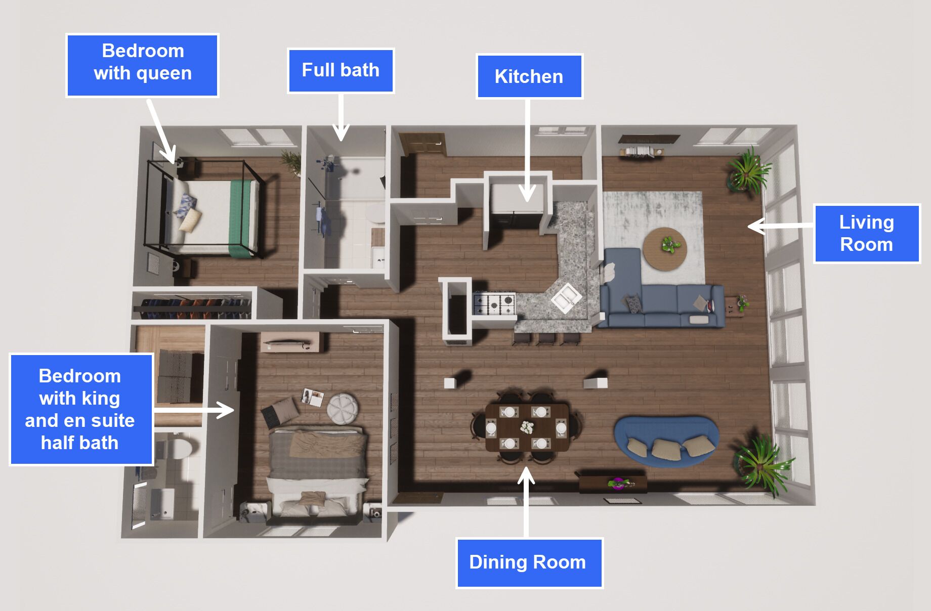 Plan d’étage d’une maison avec indication des différentes pièces, notamment une chambre avec un lit queen-size, une salle de bain complète, une cuisine, un salon, une salle à manger et une chambre avec un lit king-size et une salle de bain attenante avec WC.