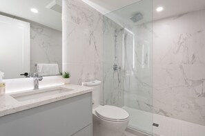 Combined shower/bathtub, hair dryer, towels