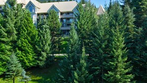 A multi-story building with a modern architectural design, surrounded by dense evergreen trees. - Aspens #549 Prime Ski-in Ski-out Location! Top Floor Unit, Pool, Hot tubs, BBQ (Whistler)