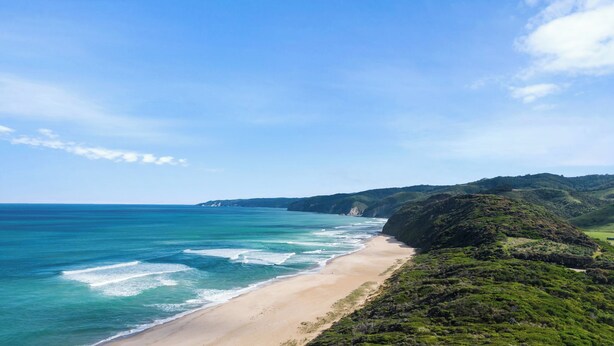 Un paisaje costero con una playa arenosa, olas del océano y colinas verdes.