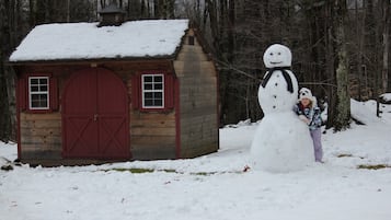 Cozy cabin surrounded by a serene winter landscape.