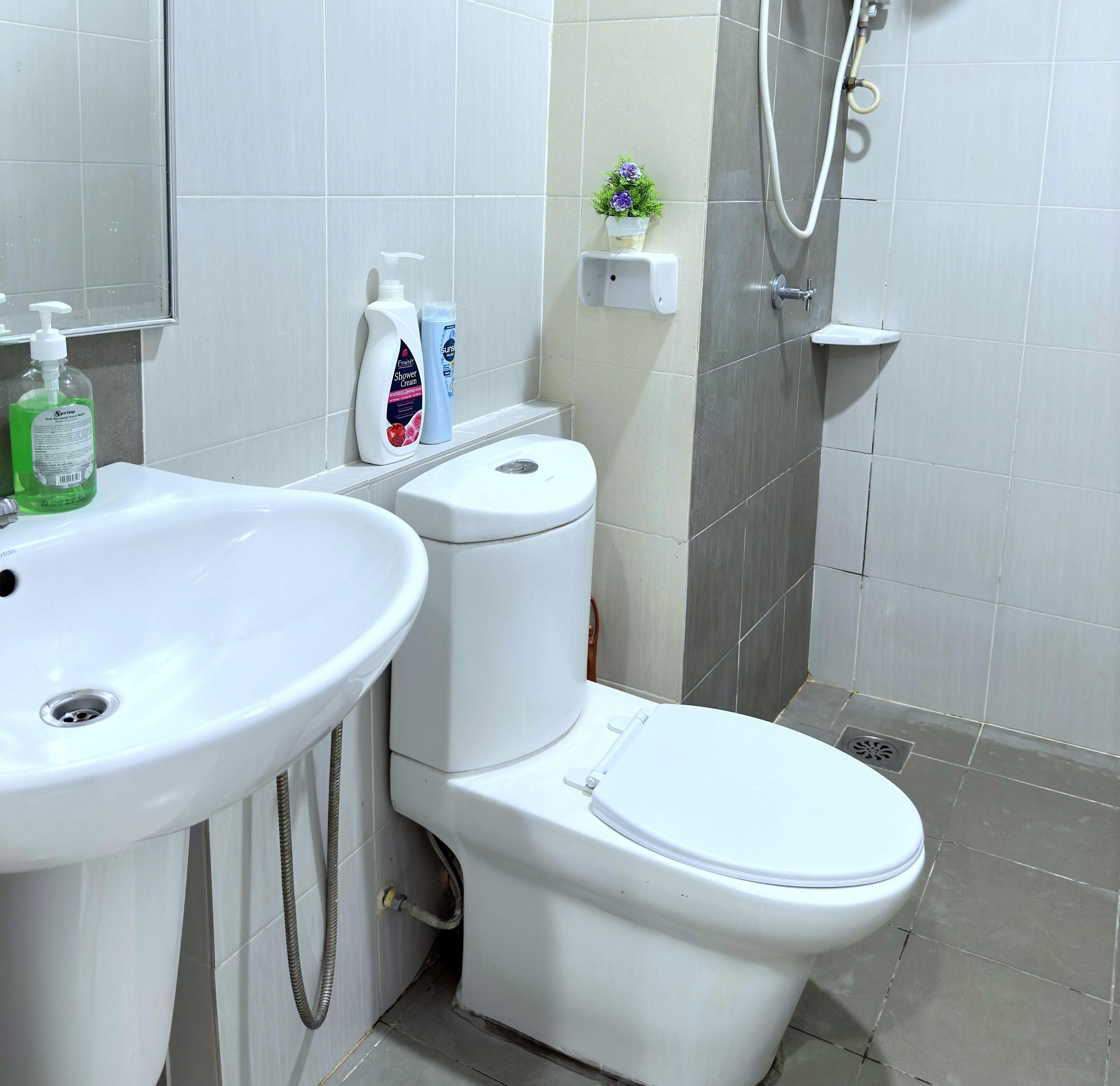 A bathroom with a white sink, toilet, and shower. There are toiletries on the sink and a small plant on the wall.