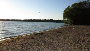 Una playa arenosa con agua tranquila, una línea de árboles y un barco a lo lejos.