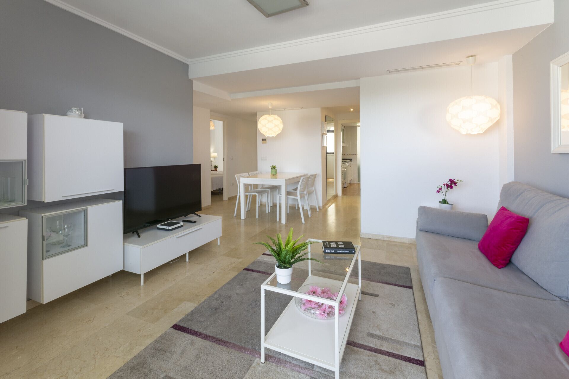 A modern living room with a flat-screen TV, a sofa with a pink pillow, and a coffee table with a plant.