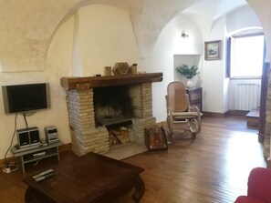 Televisio, takka, DVD-soitin, kirjoja