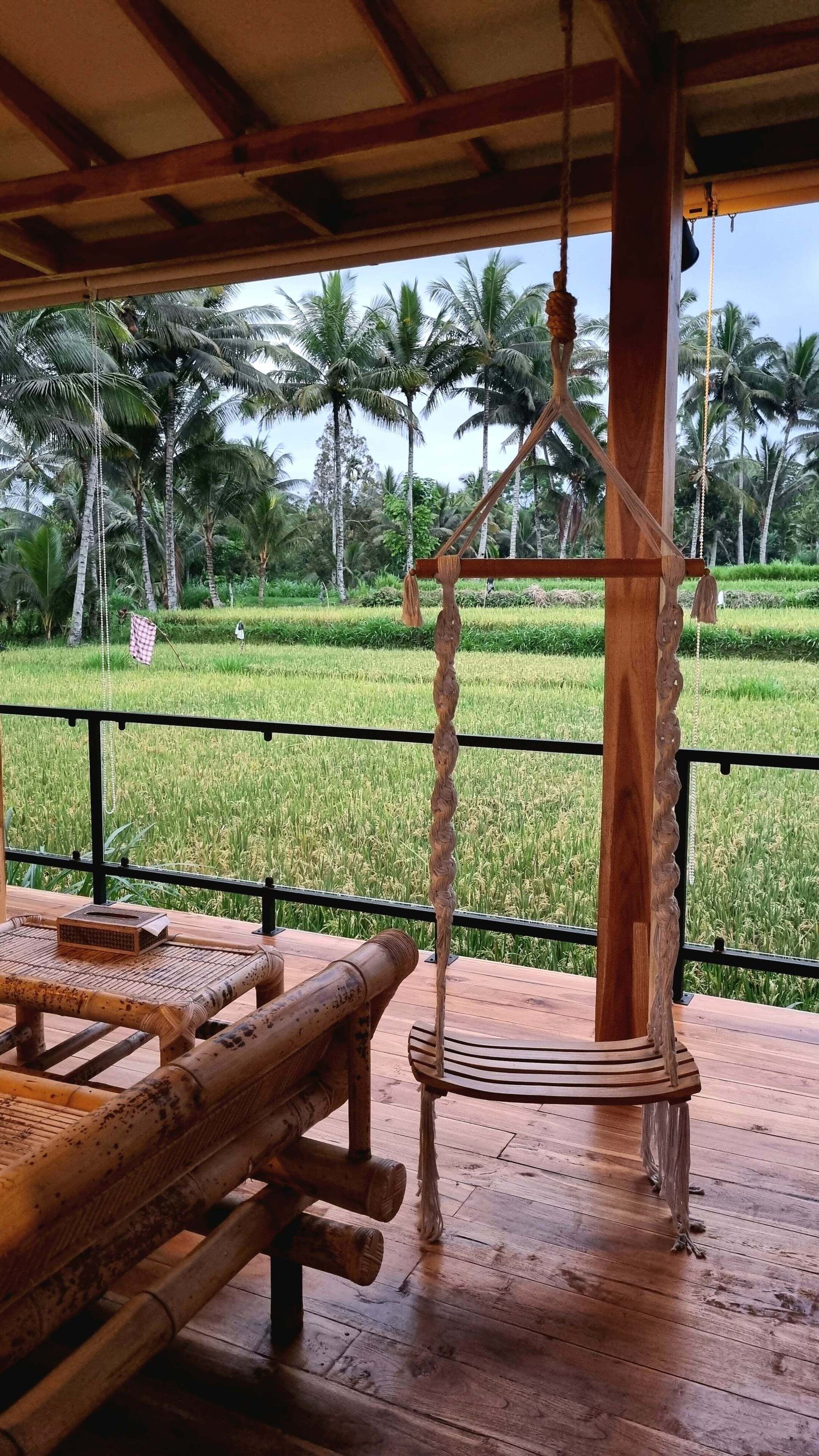 A wooden deck with a hanging chair and a table, overlooking a lush green field with palm trees.