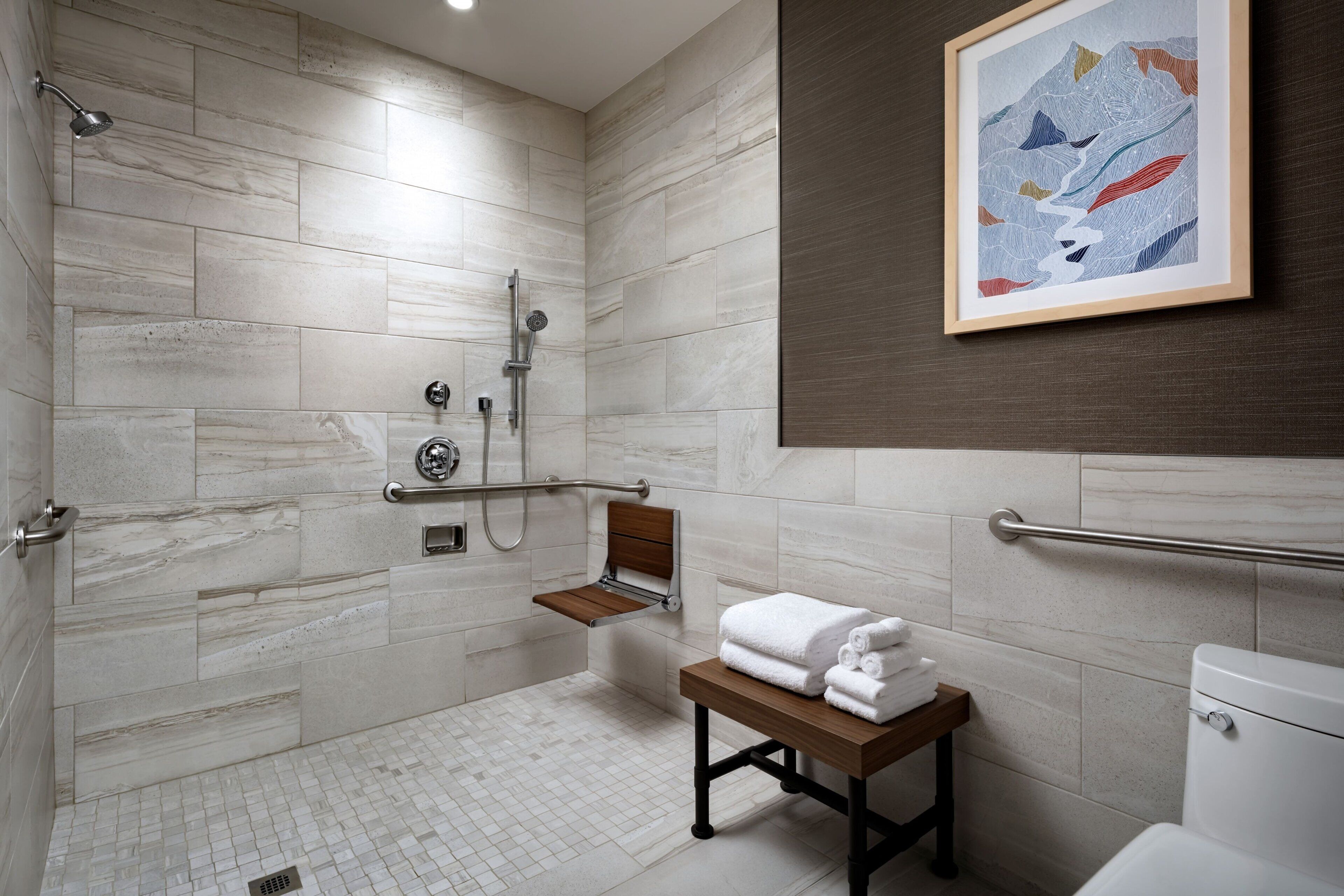 Un baño moderno con ducha, barras de apoyo, un asiento y un inodoro.