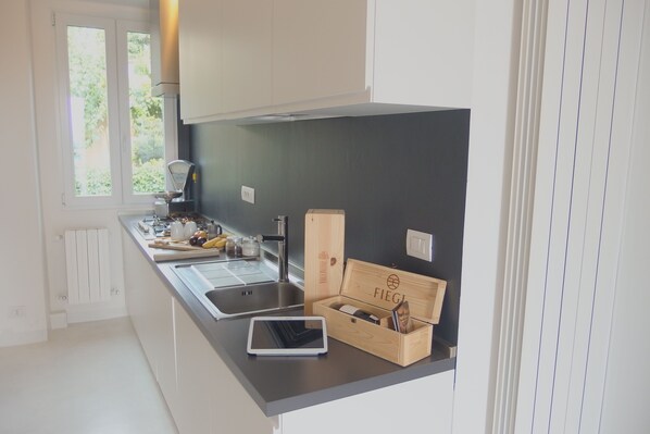 Fridge, microwave, oven, stovetop