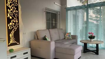 TV connectée, cheminée, livres, chaîne hi-fi