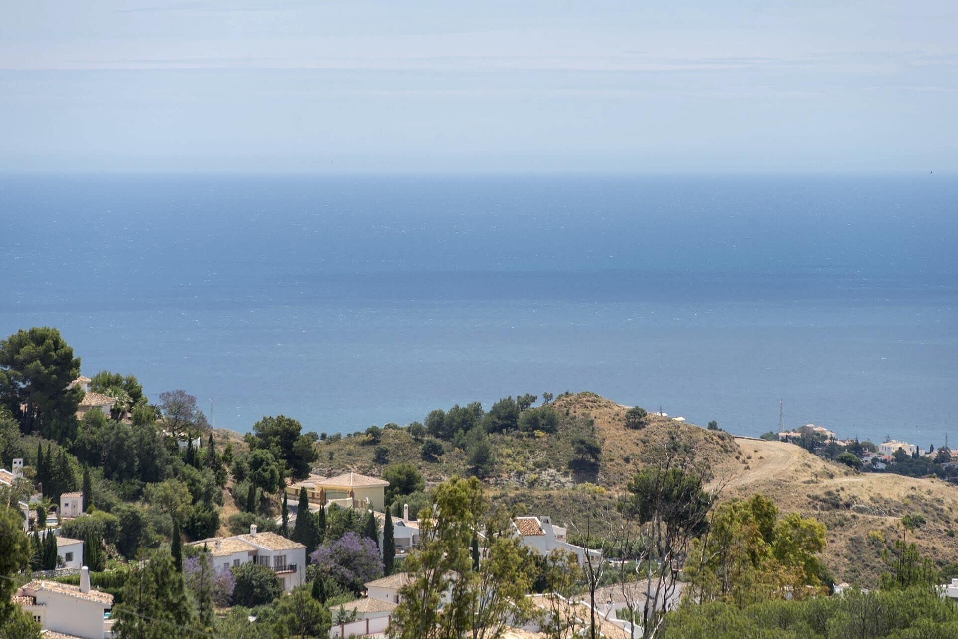A coastal village with houses surrounded by greenery and a view of the sea.