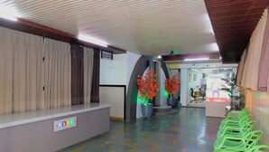 Un espace d’accueil avec un comptoir, des chaises vertes et une plante aux feuilles rouges.