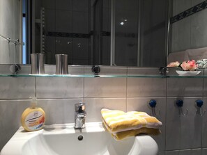 Shower, hair dryer, towels, toilet paper