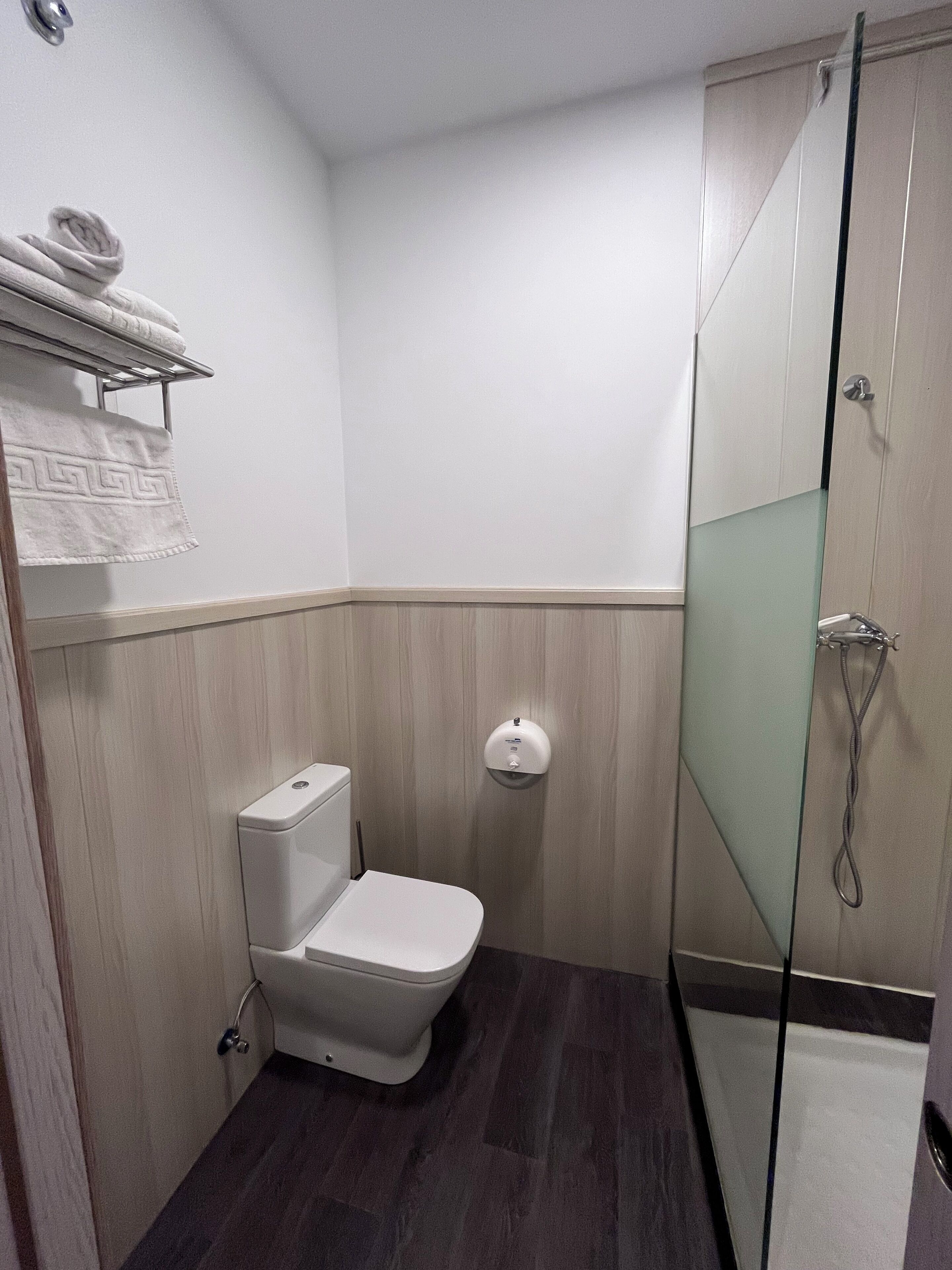 A small, modern bathroom with a toilet, a glass shower enclosure, and a towel rack with folded towels.