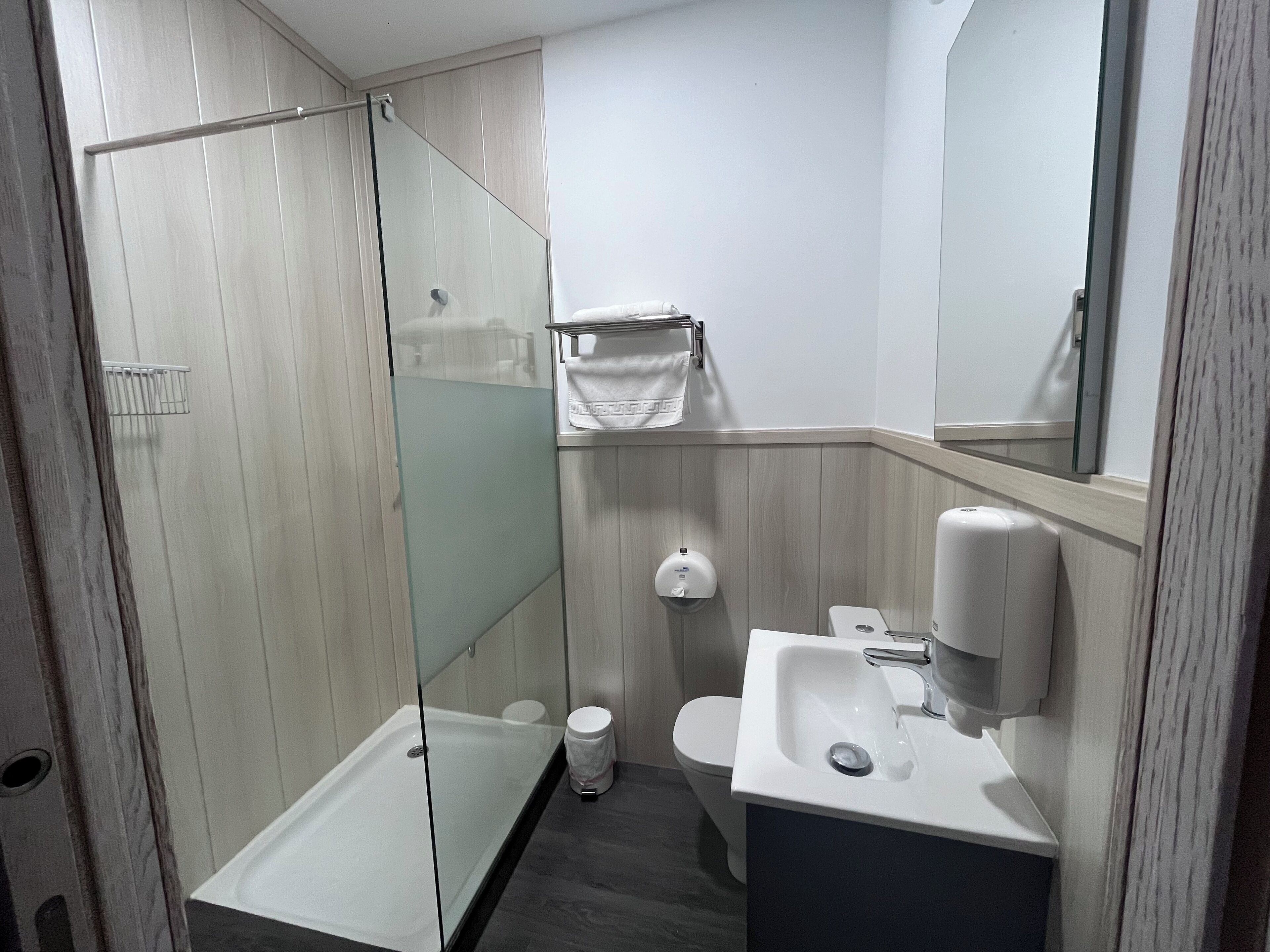 A modern bathroom with a glass shower enclosure, a toilet, a sink with a soap dispenser, and a towel rack.