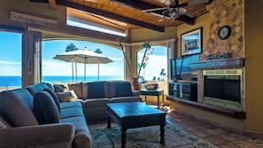 Smart TV, fireplace, video games, DVD player